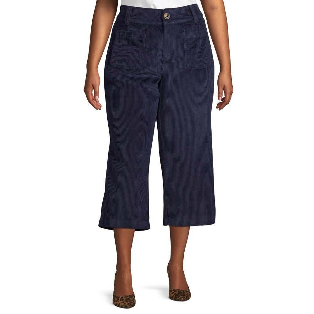 ✅ Per Se Women's Plus Size Wide Leg Crop Cord NAVY SIZE 20W‎